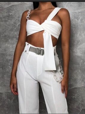 Maniere De Voir White High-Waist Wide-Leg Pants with Statement Belt
